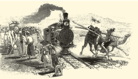 (القاطرة البخاريّة  تصل إلى الأرض المقدّسة، بريشة رسامٍ ألمانيّ 1893، في أنتوني ترافيس)