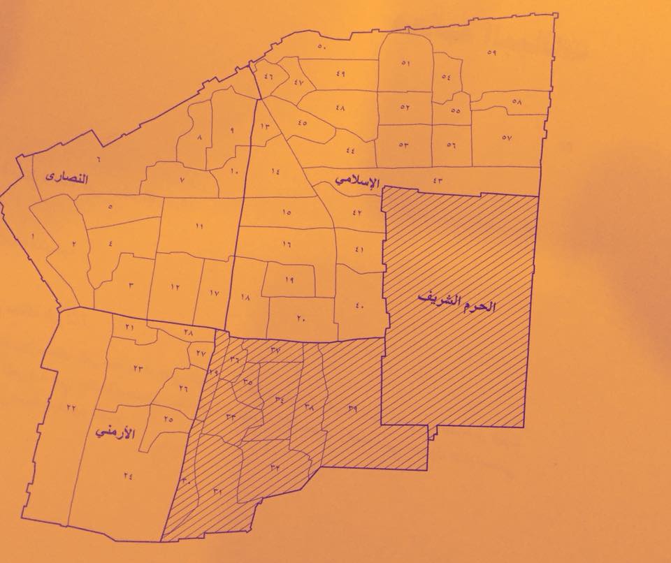 التوزيع الجغرافي لحارات البلدة القديمة في الأحياء الثلاثة (الإسلامي، الأرمني، والنصاري)