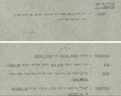 (محضر جلسة تحريف اسم شجرة البقّار إلى "سديه بوكير"، لجنة تسمية الأماكن في النقب 10 -11-1949)