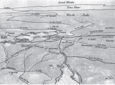 رسمٌ وصفيٌّ لمنطقة القدس ومحيطها (كما تظهر من الغرب)، لـ "ويلهلم غورينغ" . المصدر: (Hundert Deutsche Fliegerbilder aus Pälestina).