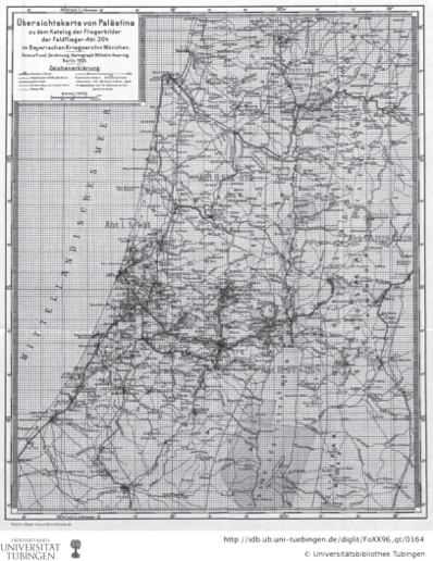 خريطةٌ مُعدّلةٌ تُظهر المناطق التي شملتها الصور الجوية الخاصّة بالسرب الجويّ AF304b. المصدر: مكتبة جامعة توبينغن.